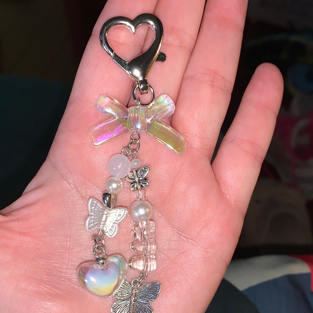 Iridescent Heart and Butterfly purse/bag charm Keychain
